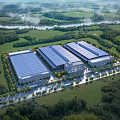 Modern Industrial Factory Complex With Green Surroundings River And Metal Roof Buildings