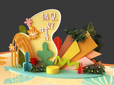 Vibrant Photo Check In Spot Featuring Colorful Decorations Flowers Butterflies Cactus And Green Plants 3d model