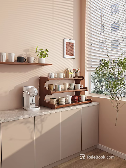 Stylish Multi Tiered Wooden Shelf With Mugs Plants And Coffee Machine In Kitchen 3d model 