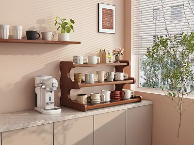 Stylish Multi Tiered Wooden Shelf With Mugs Plants And Coffee Machine In Kitchen 3d model