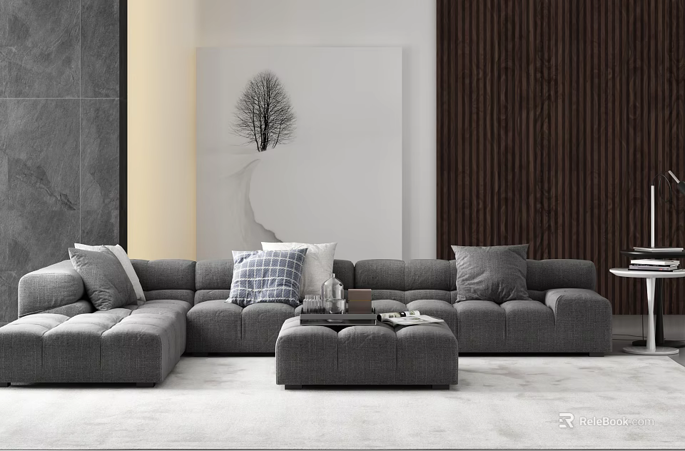 Modern Gray Sectional Sofa With Plush Pillows Front Coffee Table Against Wooden Wall And Artwork 3d model 