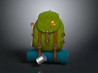 Green Backpack With Blue Rolled Mat Silver Cup And Hiking Travel Accessories 3d model
