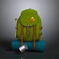 Green Backpack With Blue Rolled Mat Silver Cup And Hiking Travel Accessories