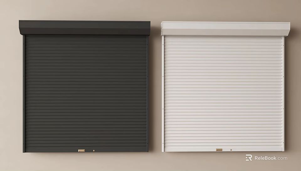Black And White Roller Shutters Mounted On Light Colored Wall Surface 3d model 