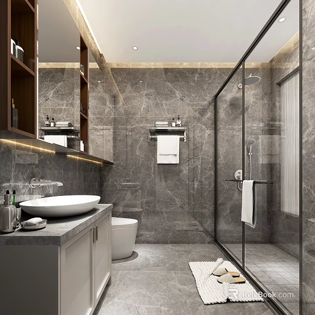 Modern Luxury Grey Marble Bathroom Interior With Vessel Sink Toilet And Sleek Glass Shower Enclosure 3d model 