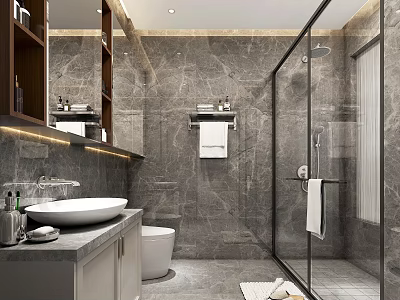 Modern Luxury Grey Marble Bathroom Interior With Vessel Sink Toilet And Sleek Glass Shower Enclosure 3d model