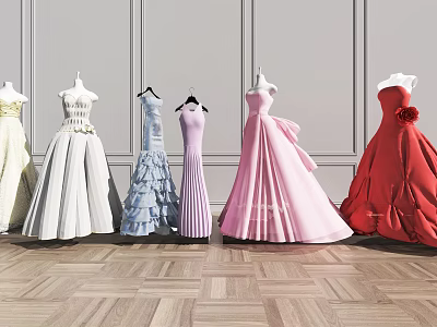 Elegant Dresses In Various Styles And Colors On Mannequins With Floral And Pleated Details 3d model