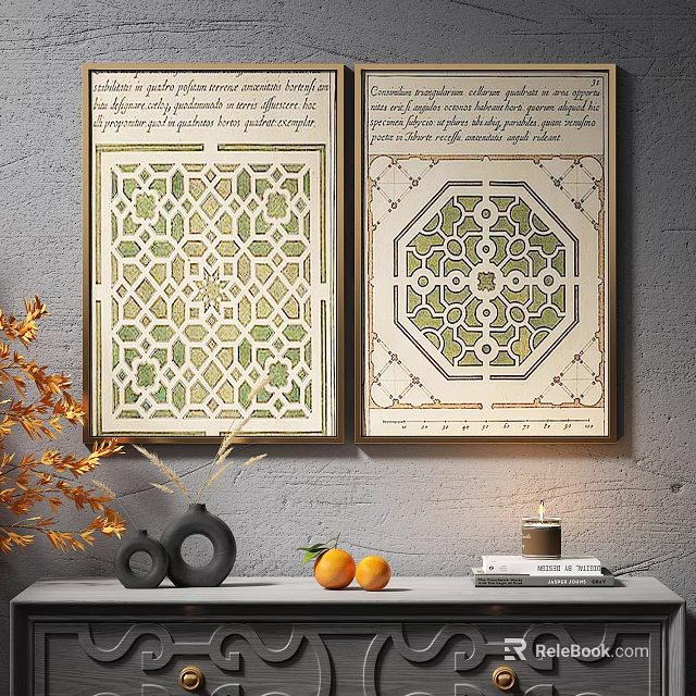 Abstract Art Prints With Geometric Patterns Green Beige Tones Wall Decor And Ornamental Elements 3d model