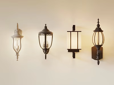 Different Designed Wall Sconces With Metal Frames And Glass Shades On White Wall 3d model