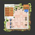 Modern Miniature Scene With Small Houses Orange Roofs Blue Awnings Green Plants Stone Path Targets