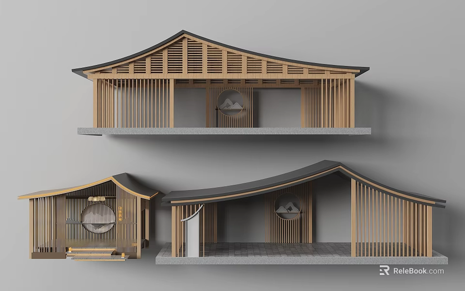 Traditional And Modern Wooden Architecture With Curved Sloped Roofs And Grille Design 3d model 