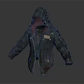Vintage Dark Hooded Jacket With Red Lining And Metal Buckles Decorative Details