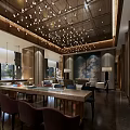 Elegant Hotel Lobby Interior With Wooden Elements Ceiling Pendant Lights And Long Table 3d model