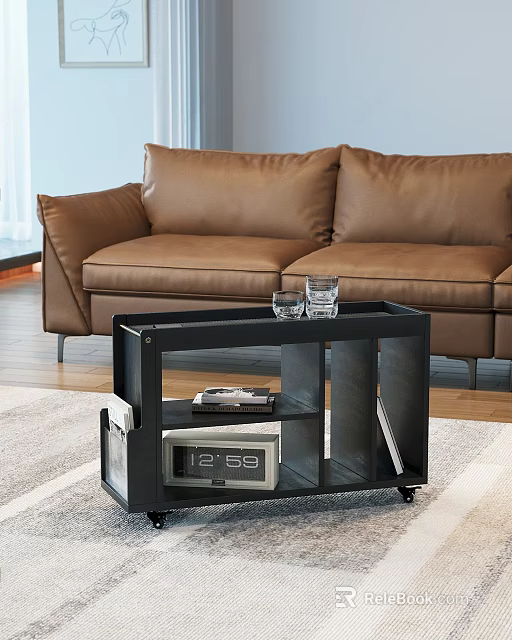Modern Black Side Table With Wheels Storage Shelf Glasses On Top And Leather Sofa 3d model