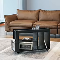 Modern Black Side Table With Wheels Storage Shelf Glasses On Top And Leather Sofa 3d model