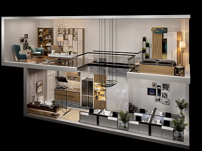 Modern Office Interior Design With Open Layout Desks Lounge Chairs Plants And Pendant Lights 3d model