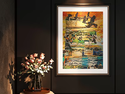 Colorful Decorative Wall Art Painting With Pink Rose Vase In Interior 3d model