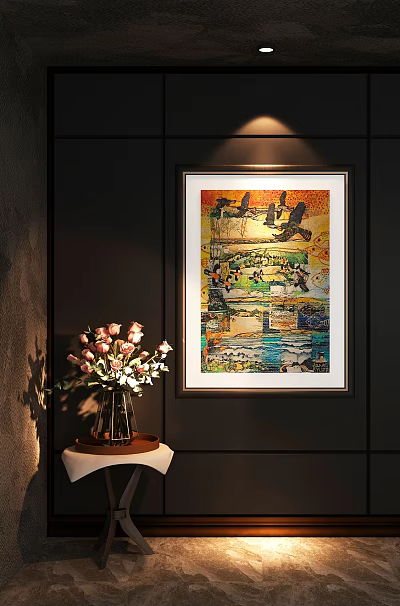Colorful Decorative Wall Art Painting With Pink Rose Vase In Interior 3d model