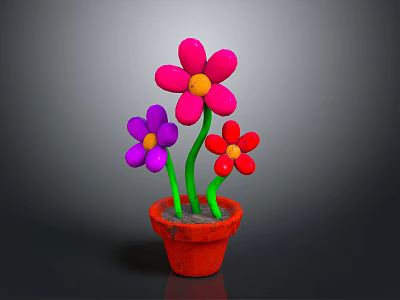 Colorful Potted Flowers In Red Pot With Pink Purple Red Petals Green Stems Yellow Centers 3d model