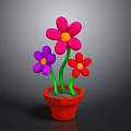 Colorful Potted Flowers In Red Pot With Pink Purple Red Petals Green Stems Yellow Centers