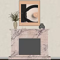 Elegant Marble Fireplace With Decorative Carvings Mantel Vase Dried Flowers And Modern Geometric Artwork