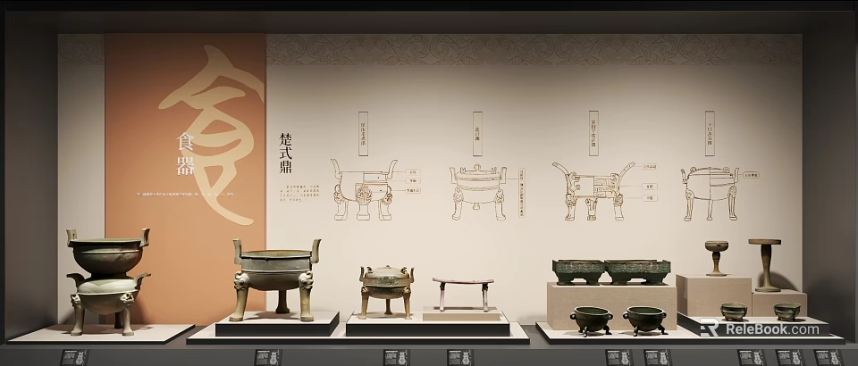 Exhibition Hall Cultural Wall Featuring Chu style Ding Line Drawings and Bronze Vessels on 3d model 