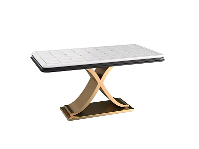 Modern Coffee Table With White Grid Pattern Tabletop Black Border And Golden X Shaped Base 3d model