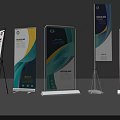 Modern Promotional Display Stands With Colorful Patterns Vertical Structure And Information Panels