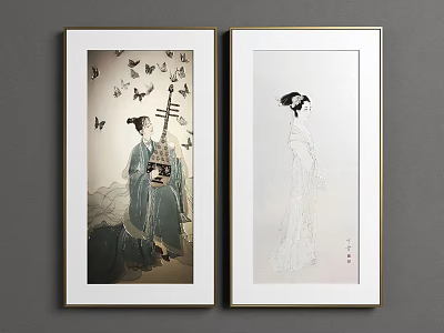 Wall Art Prints Of Traditional Women Playing Pipa And Outline Design With Butterflies 3d model