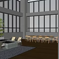 Modern Casual Lounge Area With Gray Pillars Wooden Flooring Hanging Swing And Bamboo Plants