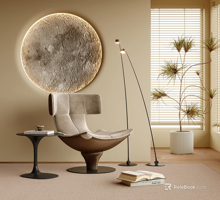 Modern Leisure Chair Interior With Moon Decor Floor Lamp And Potted Plant 3d model 