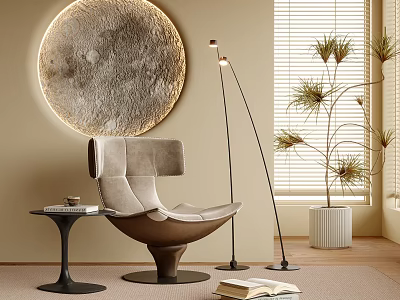 Modern Leisure Chair Interior With Moon Decor Floor Lamp And Potted Plant 3d model