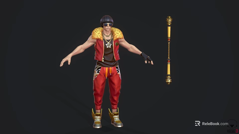 Game Movie Character Wearing Red Pants Gold Decorated Vest Black Sunglasses Holding Golden Staff Weapon 3d model 