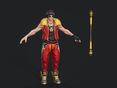 Game Movie Character Wearing Red Pants Gold Decorated Vest Black Sunglasses Holding Golden Staff Weapon 3d model