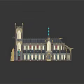 Cartoon Medieval Castle Scene With Spires Colorful Windows Gothic Towers And Blue Roof