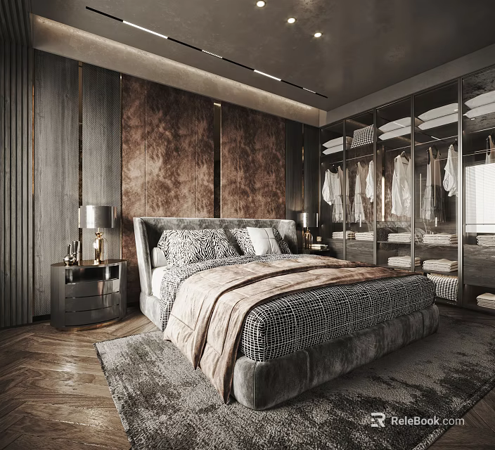 Luxury Modern Bedroom Interior Design With Wooden Panel Walls Mirrored Wardrobe And Patterned Bedding 3d model 