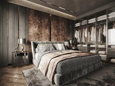 Luxury Modern Bedroom Interior Design With Wooden Panel Walls Mirrored Wardrobe And Patterned Bedding 3d model