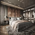 Luxury Modern Bedroom Interior Design With Wooden Panel Walls Mirrored Wardrobe And Patterned Bedding