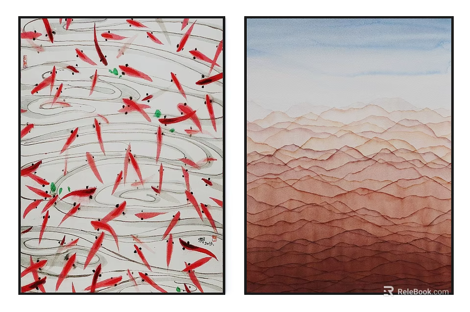 Abstract Artwork Featuring Red Fish Patterns And Layered Wave Textures 3d model