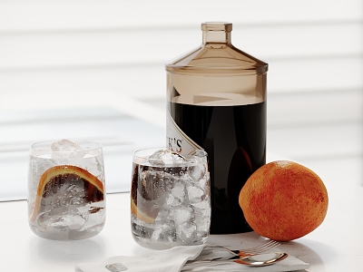 Modern Ornaments Combination Water Glass Wine Bottle Fruit Orange Meal 3d model