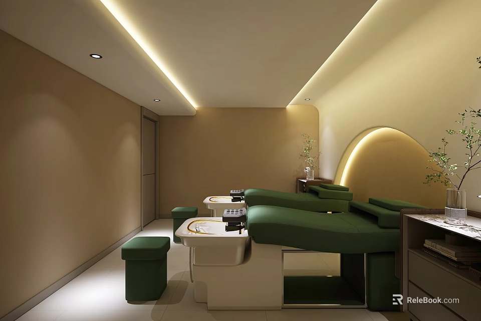 Modern Club Interior With Green Massage Beds Soft Lighting And Plants 3d model 