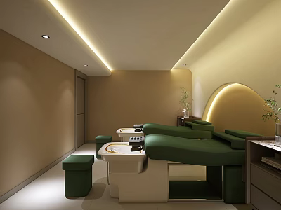 Modern Club Interior With Green Massage Beds Soft Lighting And Plants 3d model