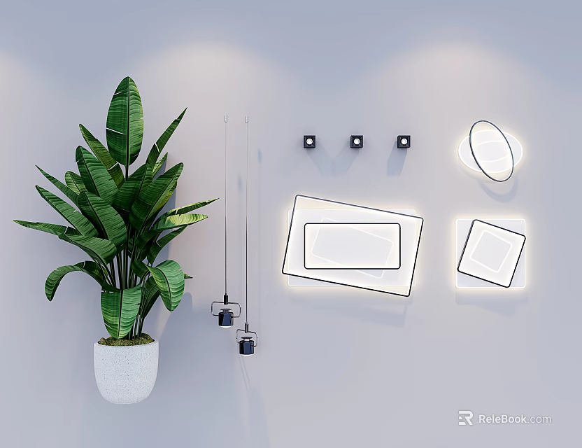 Modern Square And Round Ceiling Lights With Wall Decor And Green Plant 3d model 