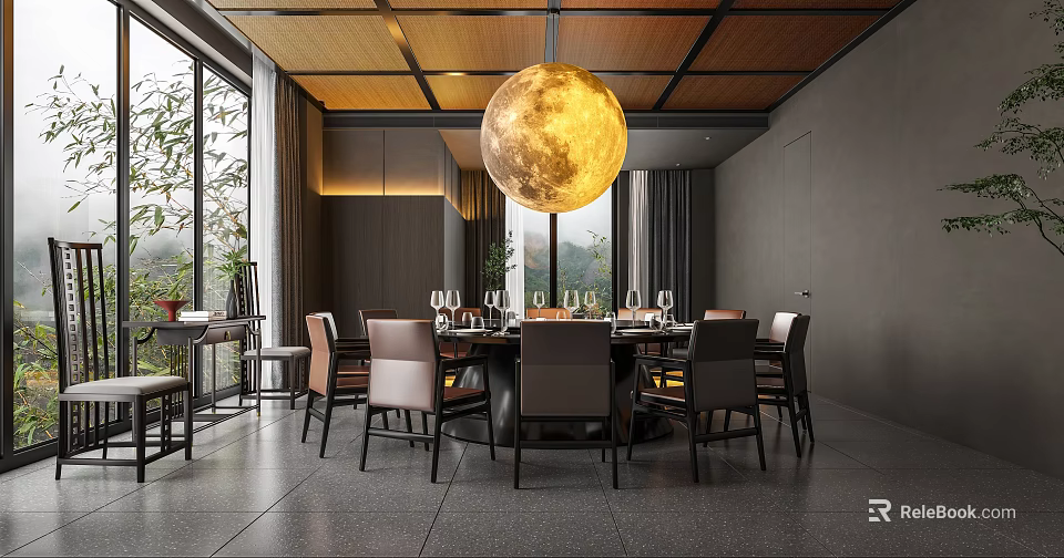 Elegant Private Dining Room Interior With Moon Shaped Pendant Light Dining Table And Chairs 3d model