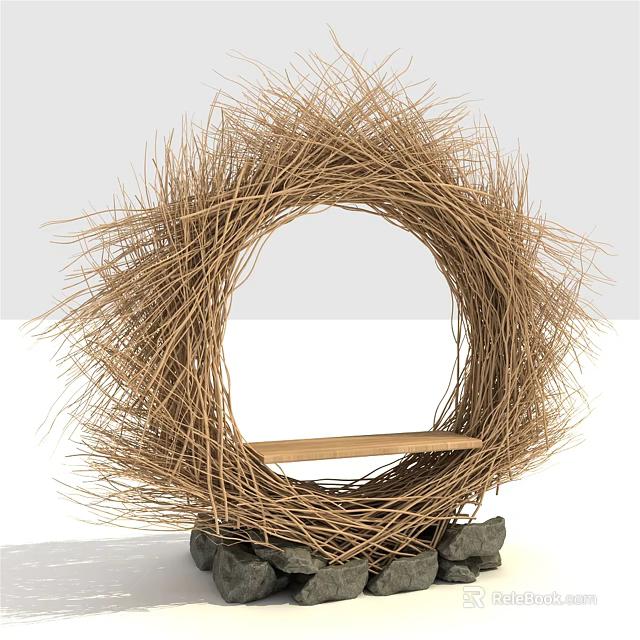 Natural Rustic Garden Decor With Twig Woven Circular Frame And Wooden Shelf 3d model 