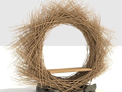 Natural Rustic Garden Decor With Twig Woven Circular Frame And Wooden Shelf 3d model