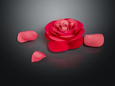 Beautiful Red Rose Bloom With Scattered Petals On Black Reflective Surface 3d model