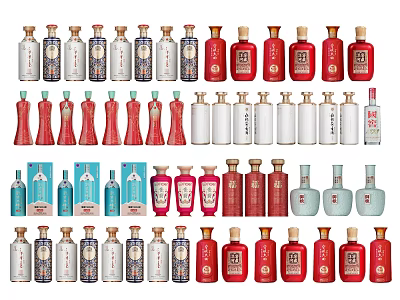 Various Wine Bottles and Glasses with Colorful Designs Unique Shapes and Stylish Details 3d model