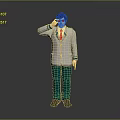 3D Human Character with Blue Hair White Coat Red Tie Green Pants Raising Right Hand