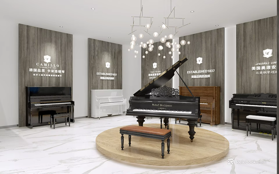 Elegant Piano Showroom Interior With Black Grand Piano White Piano Round Platform And Wooden Walls 3d model 